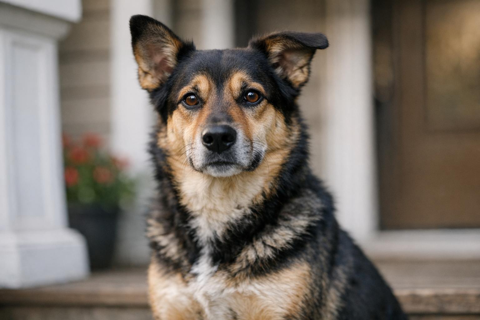 Medium-sized mixed-breed dog sitting alert on a front porch, close-up showing clear eyes and shiny coat
