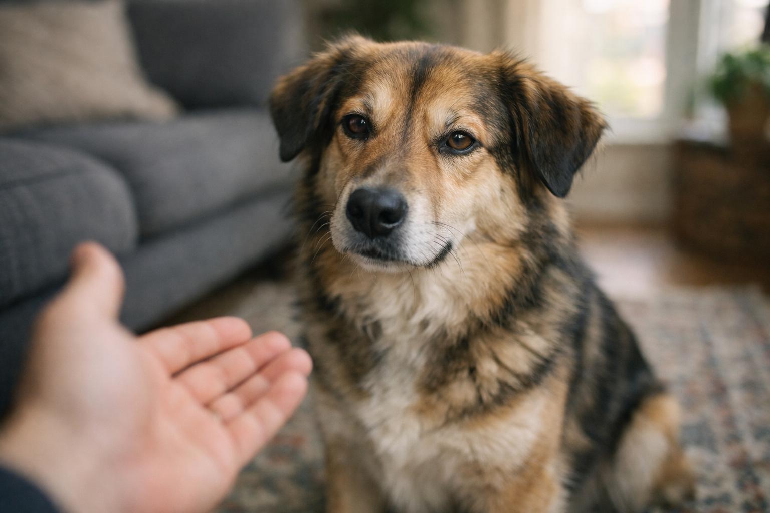 A calm mixed-breed dog giving soft eye contact to its owner in a sunlit living room