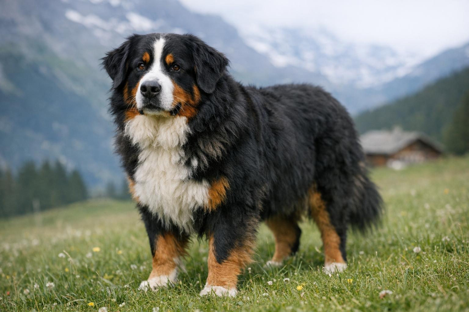 A tricolored Bernese mountain dog standing in a Swiss mountain pasture with a thick dense coat and black, white and tan markings.
