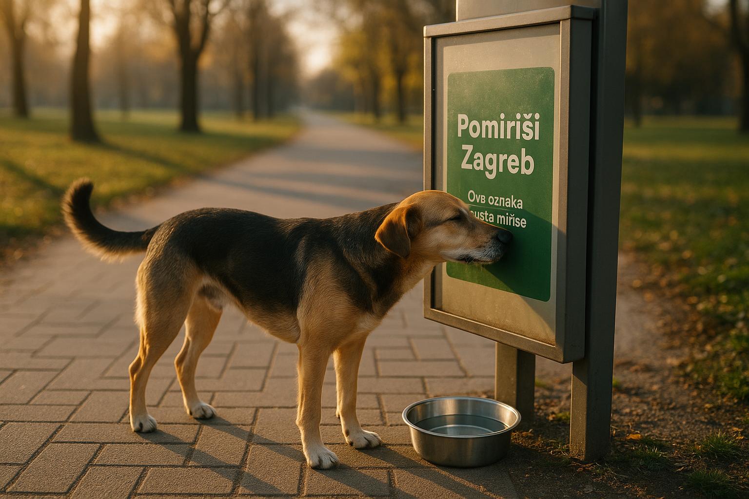 A mixed-breed dog sniffing a scent-releasing poster with a water bowl beside it in a Zagreb dog-walking area