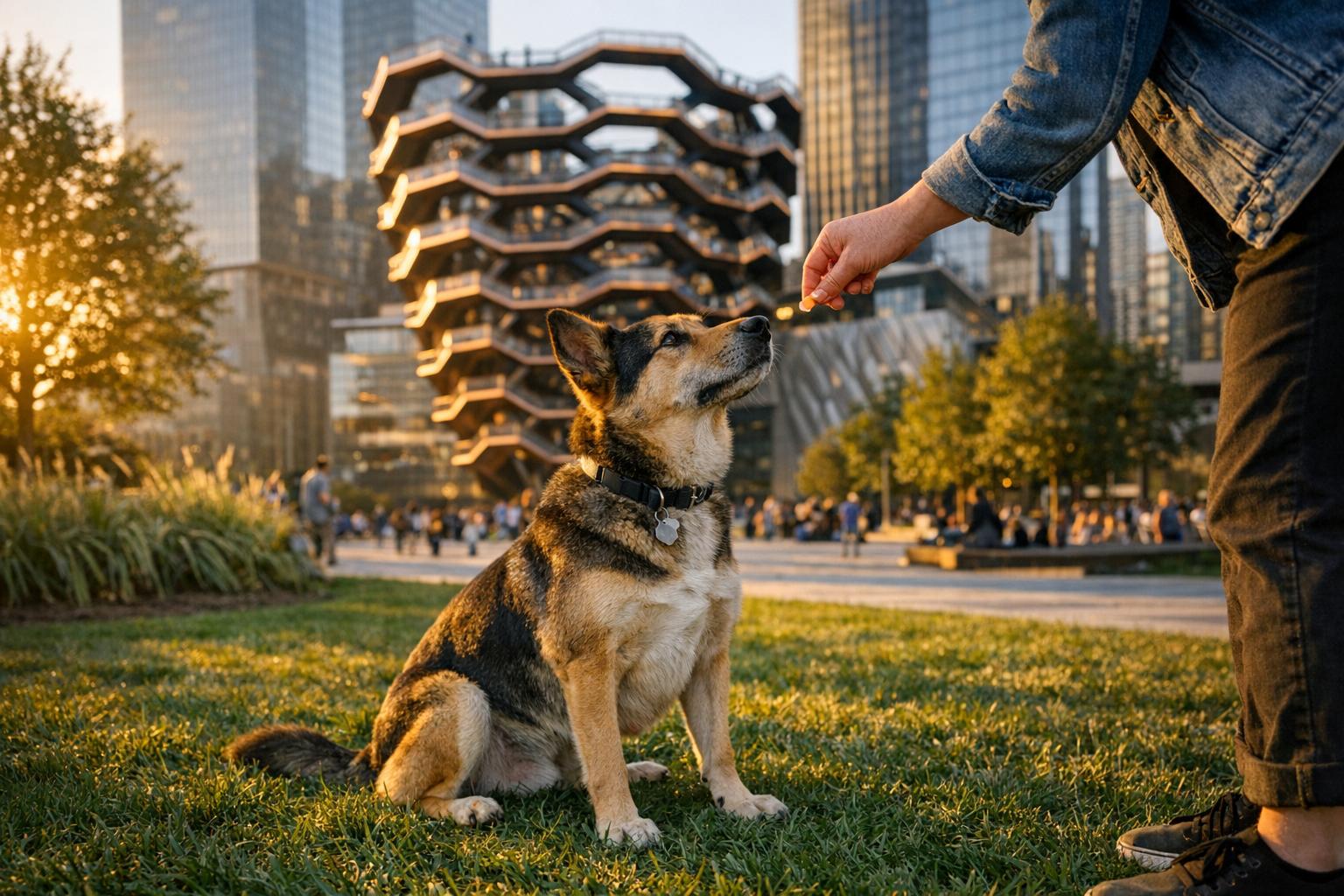 Medium-sized mixed-breed rescue dog sitting in Hudson Yards Public Square and Gardens during golden hour, person offering a treat