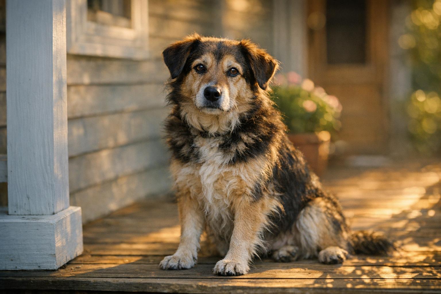 Medium-sized mixed-breed rescue dog sitting on a front porch in early morning light
