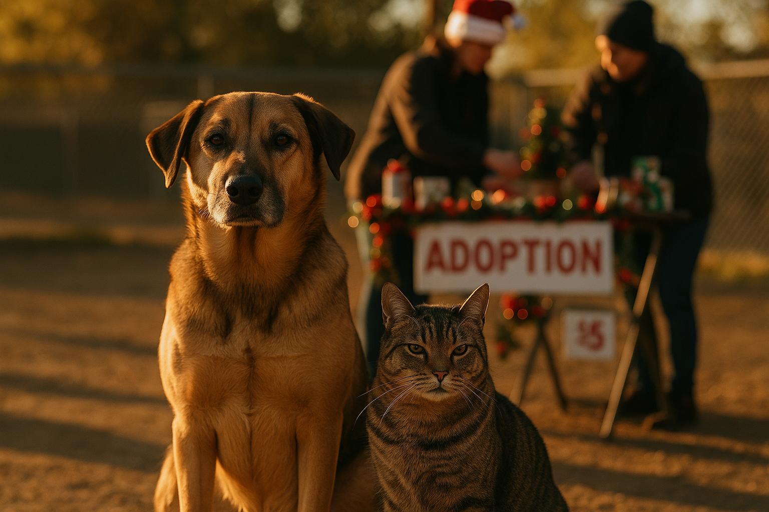Mixed-breed dog and domestic short-haired cat at a holiday adoption table with ornaments and sale items, shelter volunteers in background