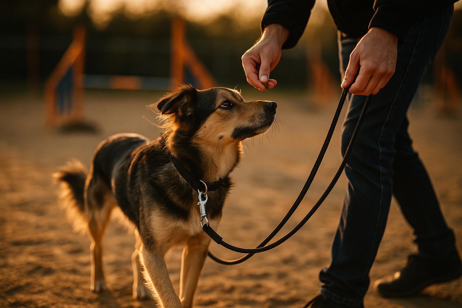 A dog in an outdoor training yard being guided by an owner during a manners class at the Humane Society Silicon Valley