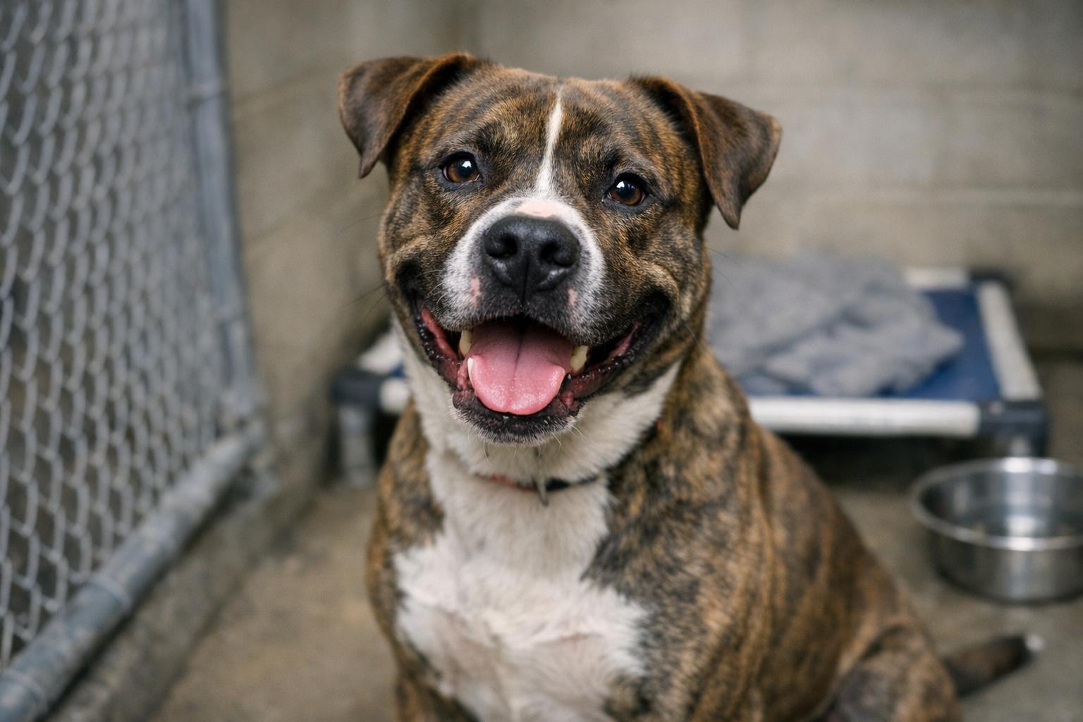 Shotgun, an American pit bull terrier mix, sitting in a shelter kennel with a broad, playful expression