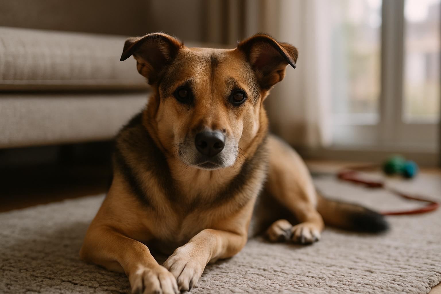 Healthy adult mixed-breed dog resting in a living room, natural window light