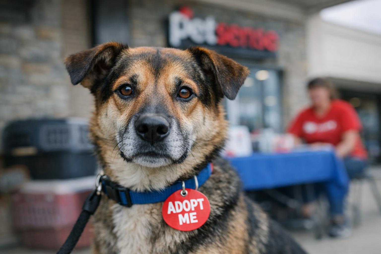 A shelter dog at an adoption pop-up outside a Petsense store, close-up portrait with soft background