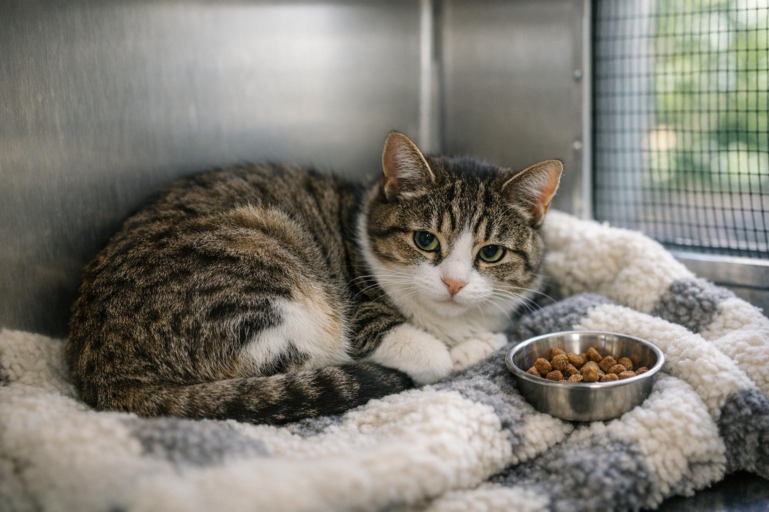 Hurricane, a Domestic Shorthair cat, curled on a blanket in a shelter kennel under soft window light