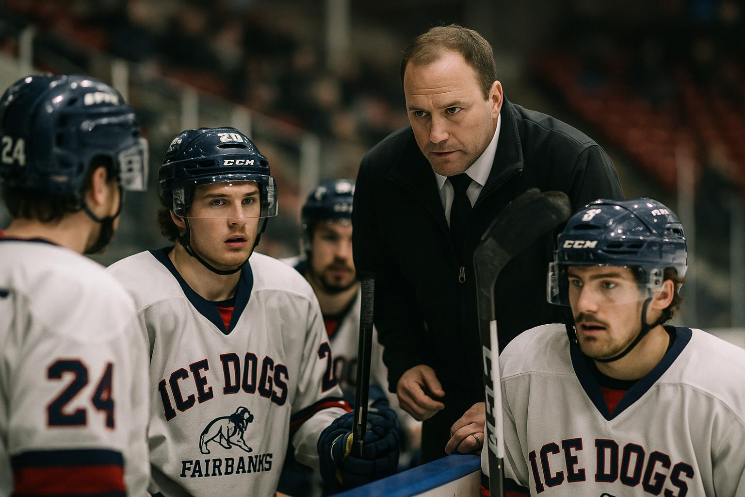 Fairbanks Ice Dogs players and coach speaking at the bench during a road game