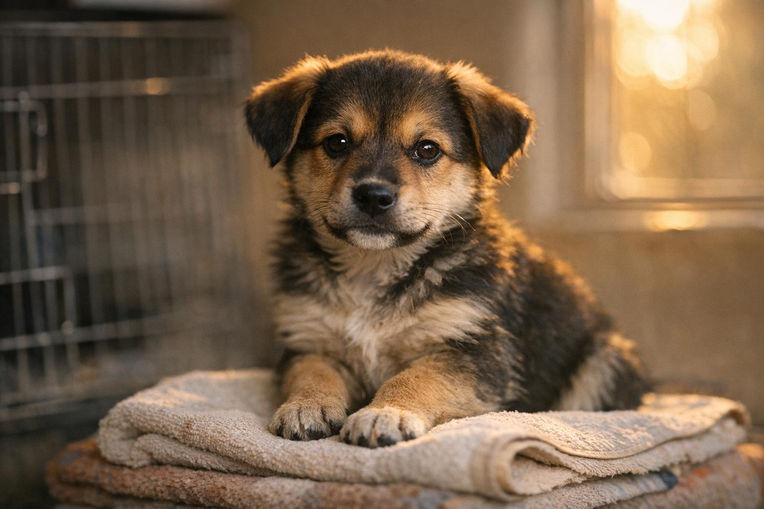 A small mixed-breed puppy sitting on a towel in a shelter room, natural light