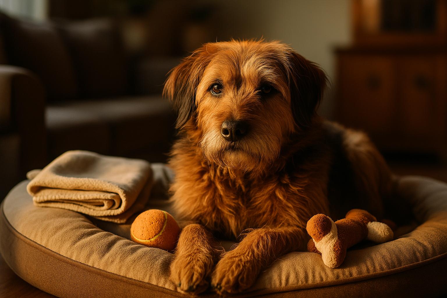 A furry dog curled on a cozy bed with toys and a blanket in a quiet living room