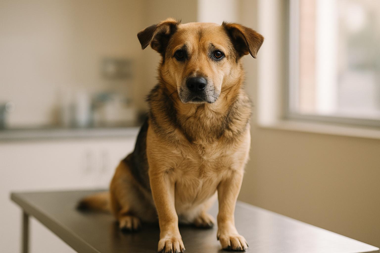 Adult mixed-breed dog sitting on a veterinary examination table in soft natural light