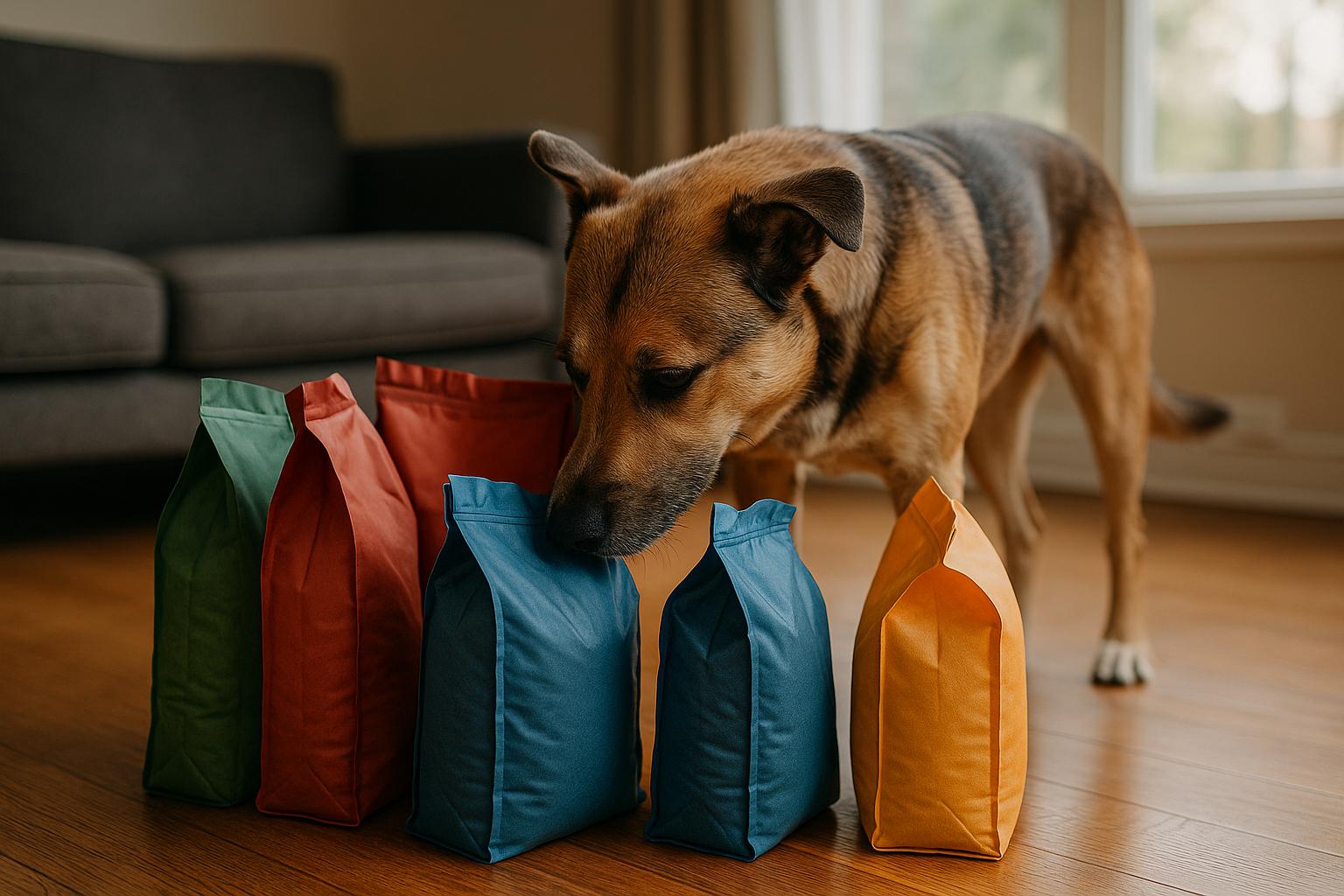 Mid-sized mixed-breed dog sniffing sealed bags of dog food on a living room floor under soft natural light