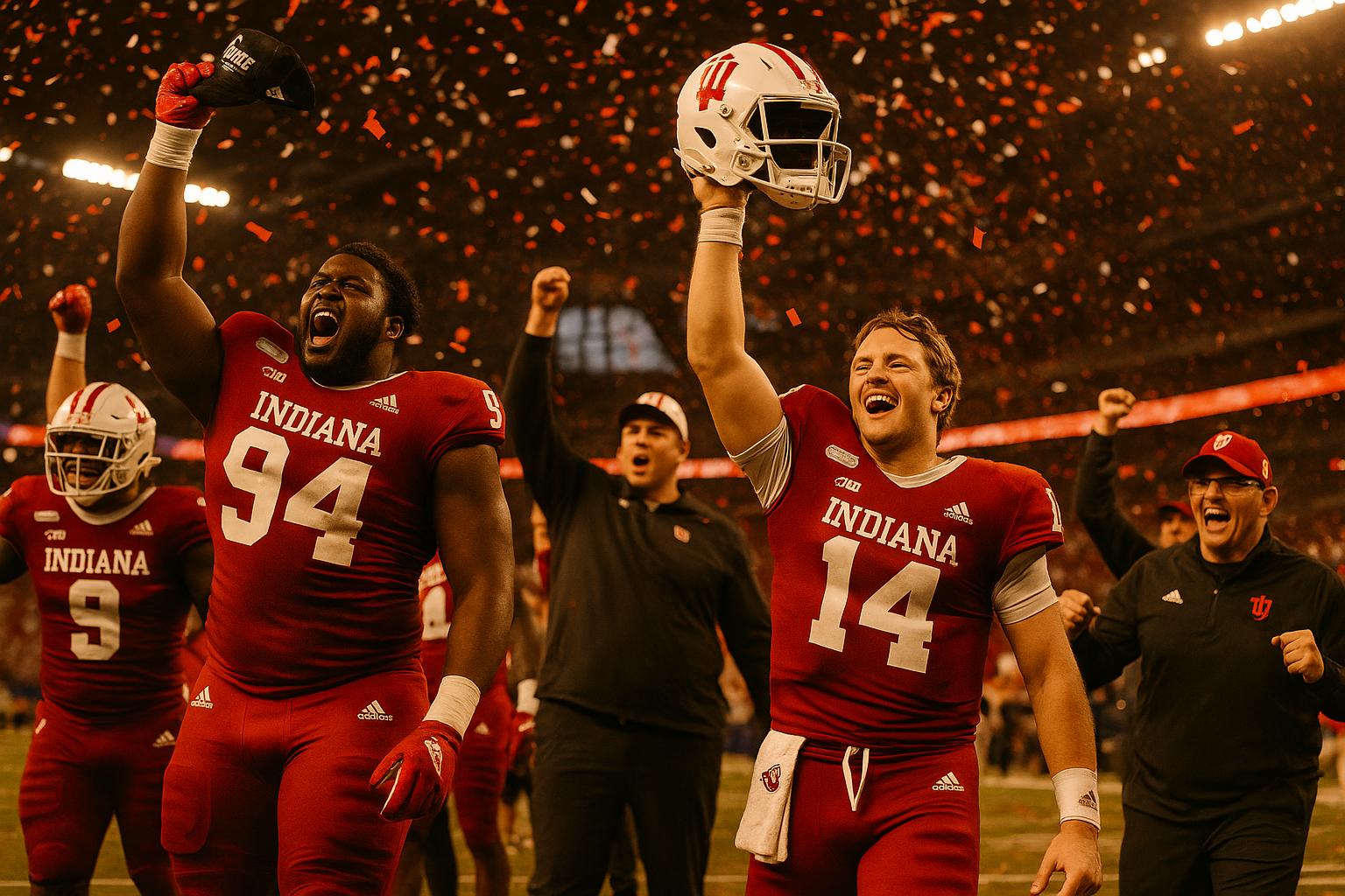 Indiana University football players celebrating on the field after winning the Big Ten Championship at Lucas Oil Stadium