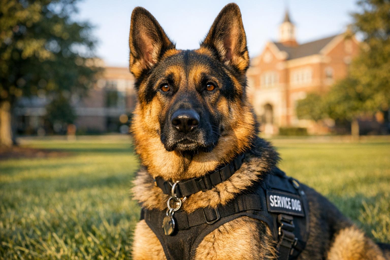 German shepherd service dog sitting on a college campus lawn at golden hour, attentive and healthy