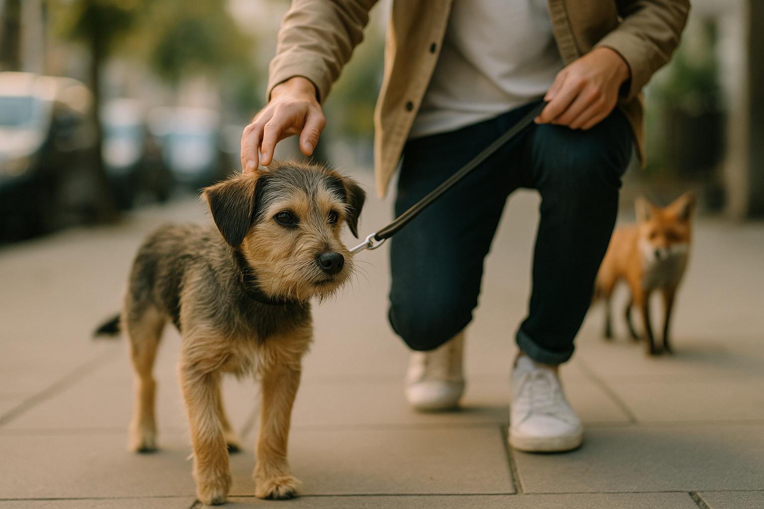 A small mixed-breed dog being guided along a Buenos Aires sidewalk with a fox in the background