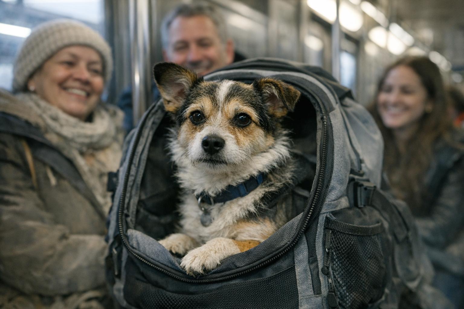 Small mixed-breed dog sitting in a backpack on a New York City subway, passengers smiling