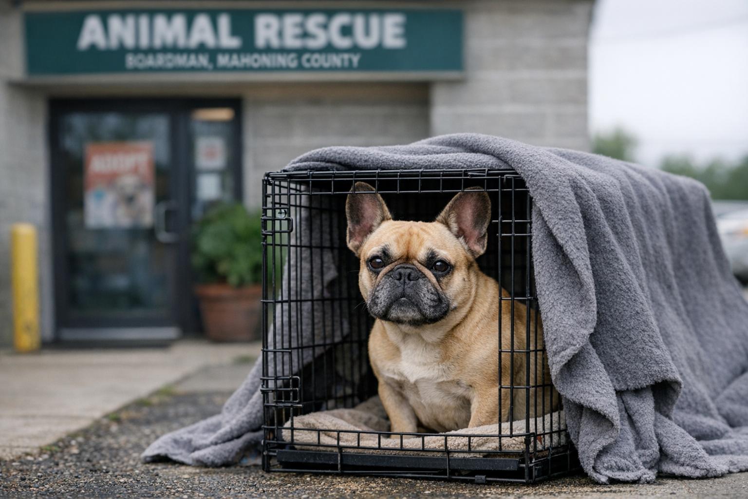 Female French bulldog sitting in a small metal crate partly covered with a blanket outside a rescue facility in Boardman, Ohio.