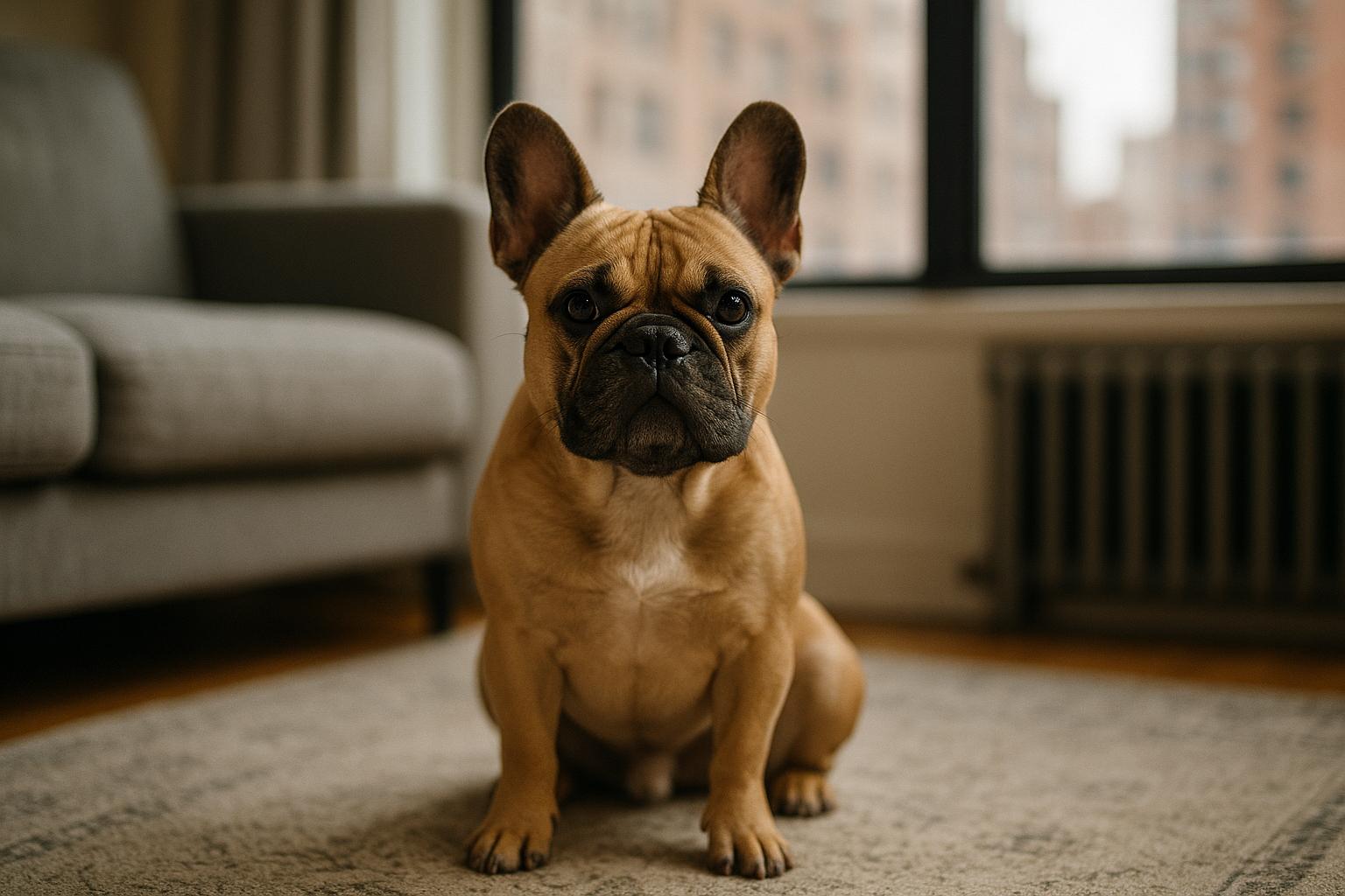 A French Bulldog sitting in a city apartment, photographed in natural light