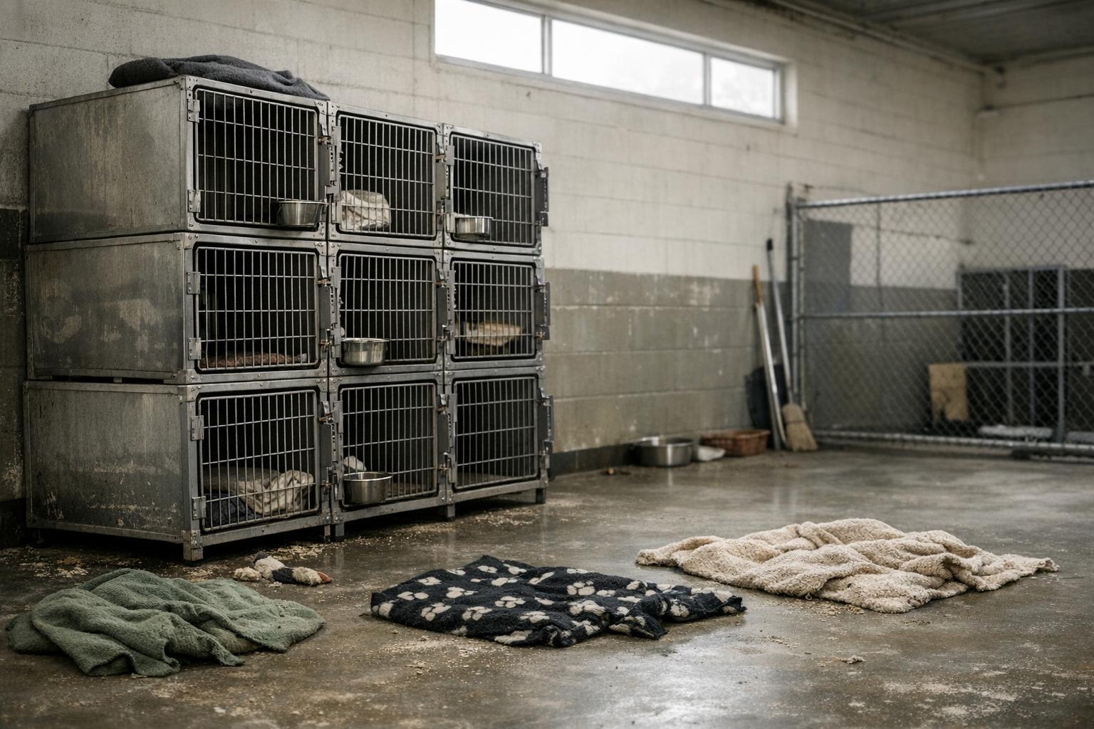 Empty shelter kennel interior with metal crates and bedding, soft diffused light through a window
