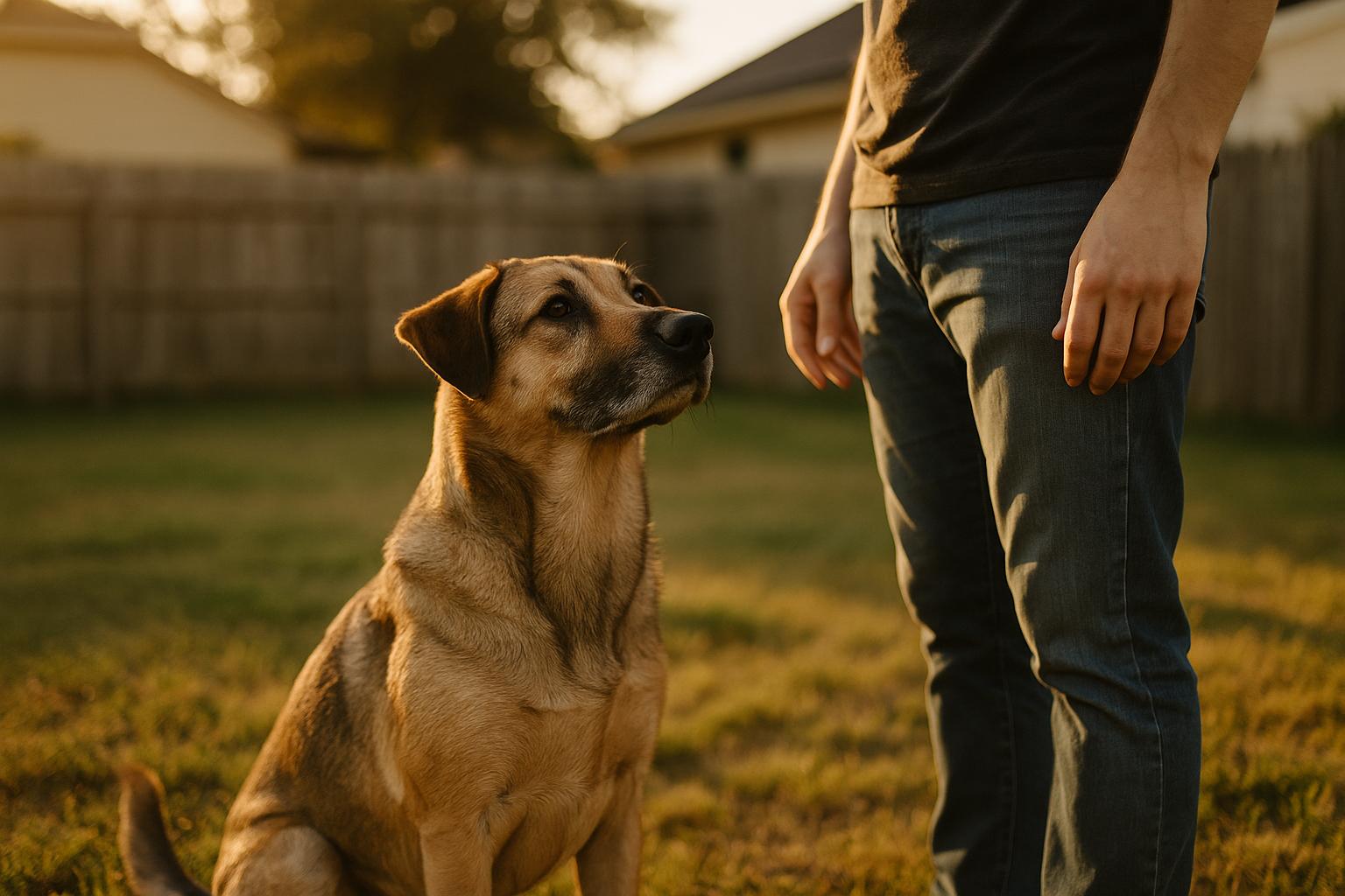 An adult mixed-breed dog sitting attentively beside a trainer in a backyard during a training session at golden hour.