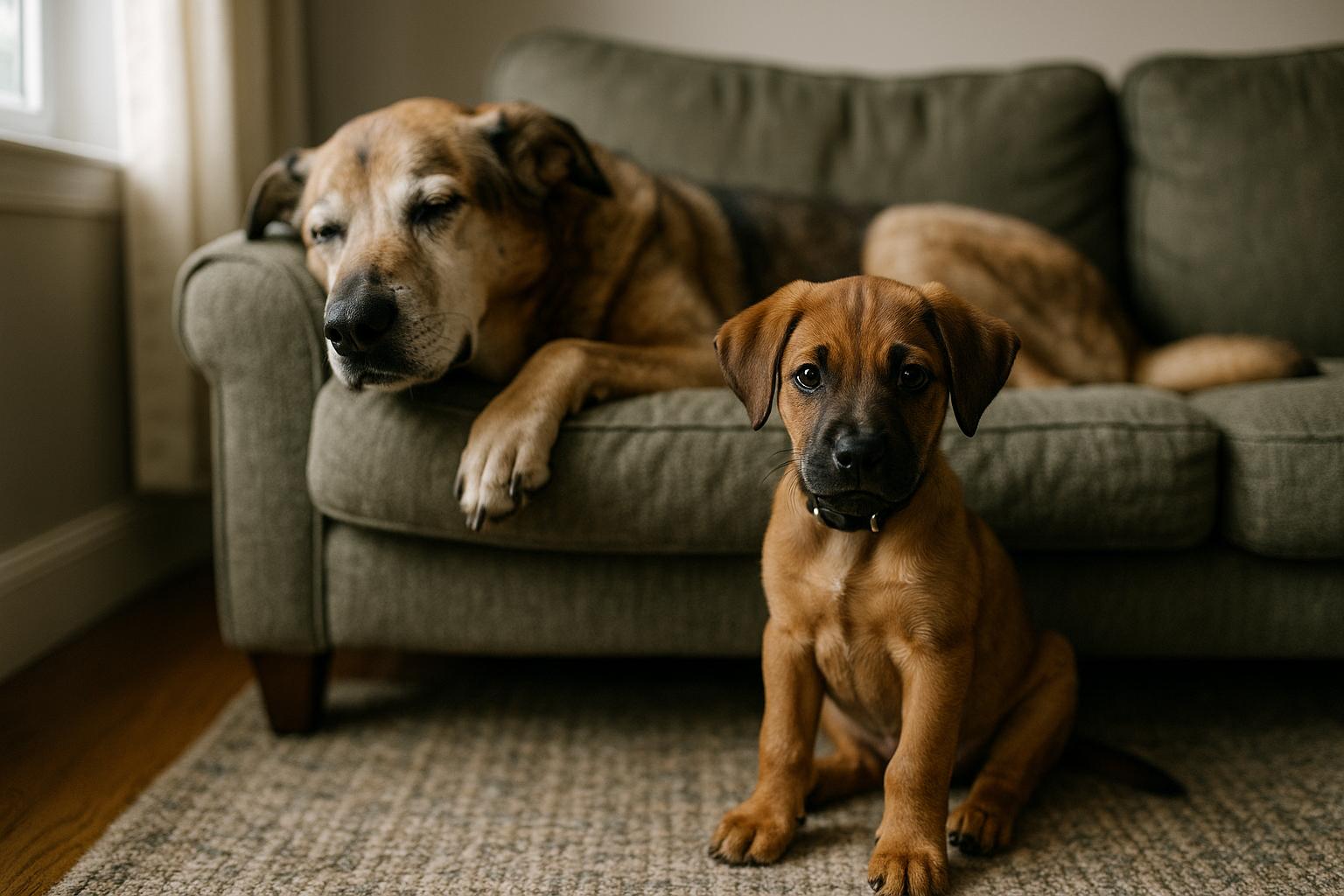A senior mixed-breed dog resting on a sofa while a young mixed-breed puppy sits nearby in a calm living room setting
