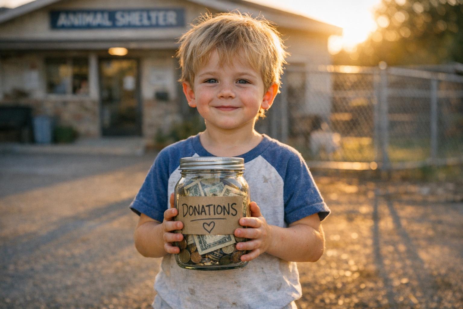 Five-year-old boy holding a donation jar in front of an animal shelter at golden hour