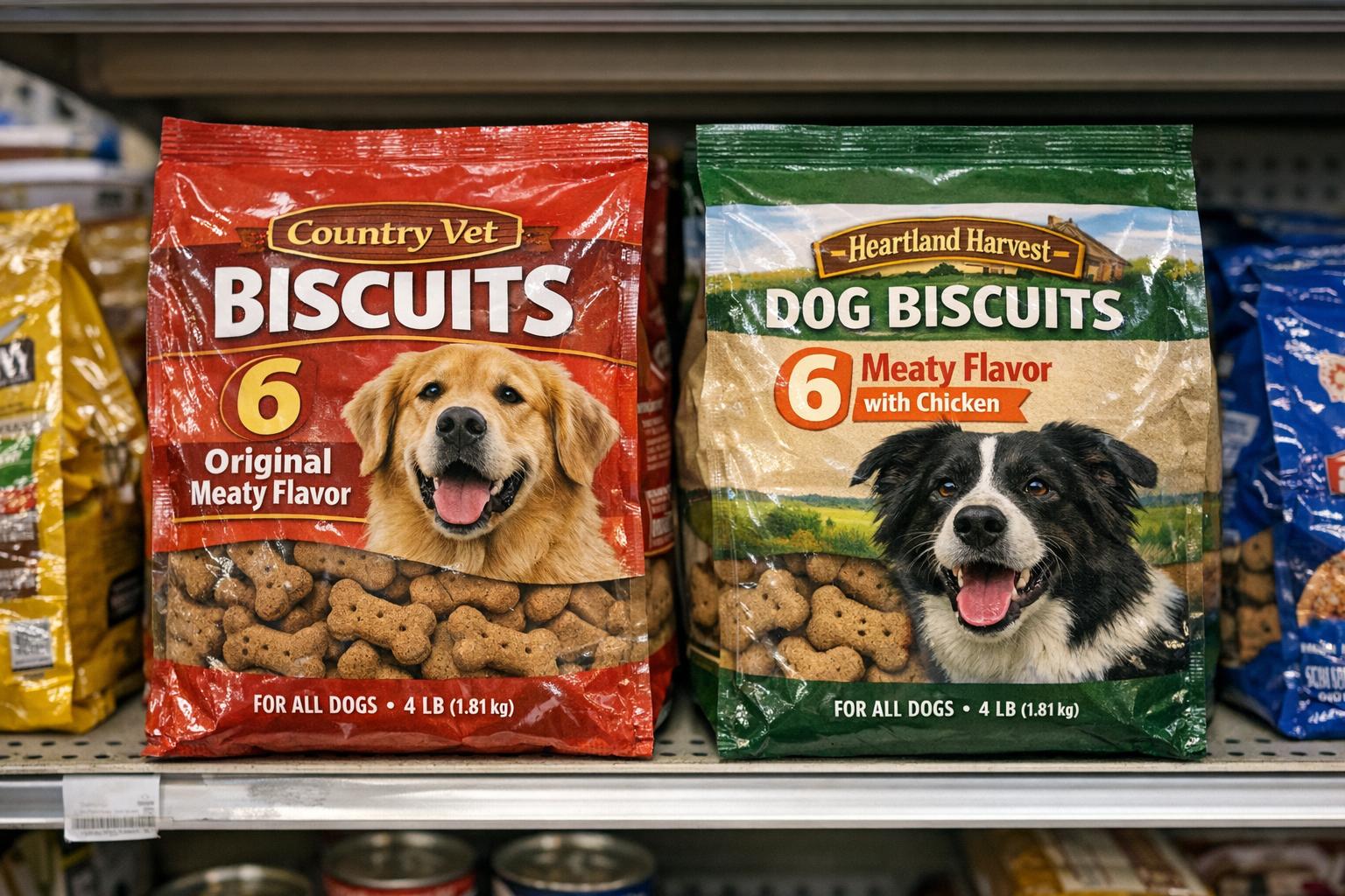 Two sealed 4 lb. bags of dog biscuits on a supermarket shelf: Country Vet Original Meaty Flavor and Heartland Harvest Meaty Flavor with Chicken.