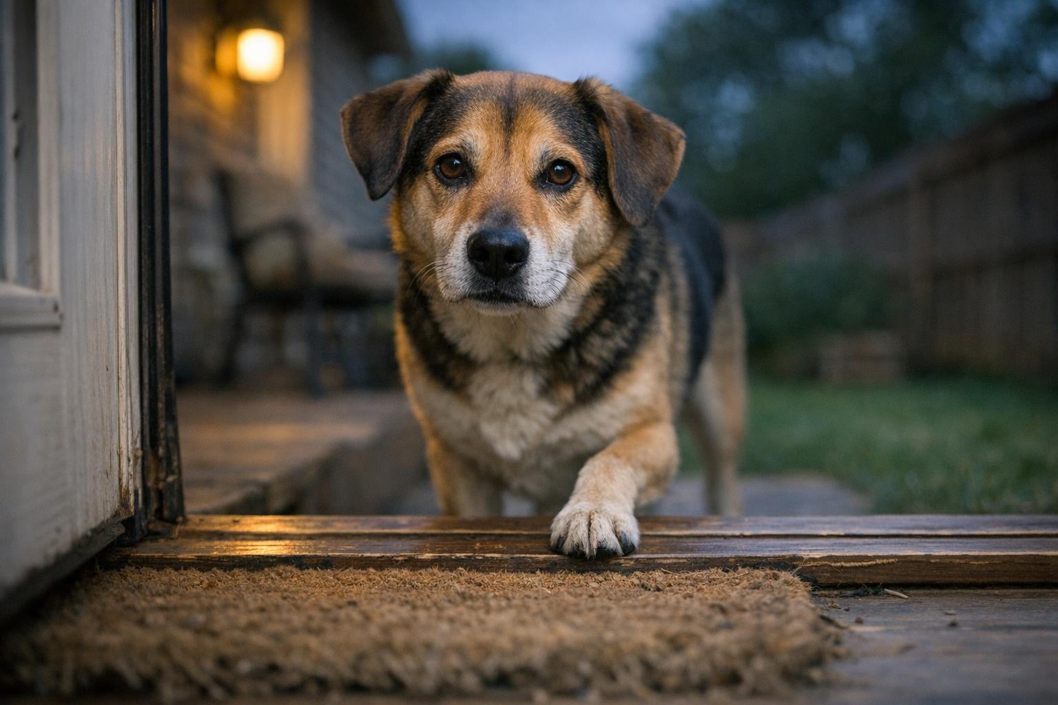 Medium-sized mixed-breed dog hesitating at a backdoor threshold in a suburban backyard at dusk