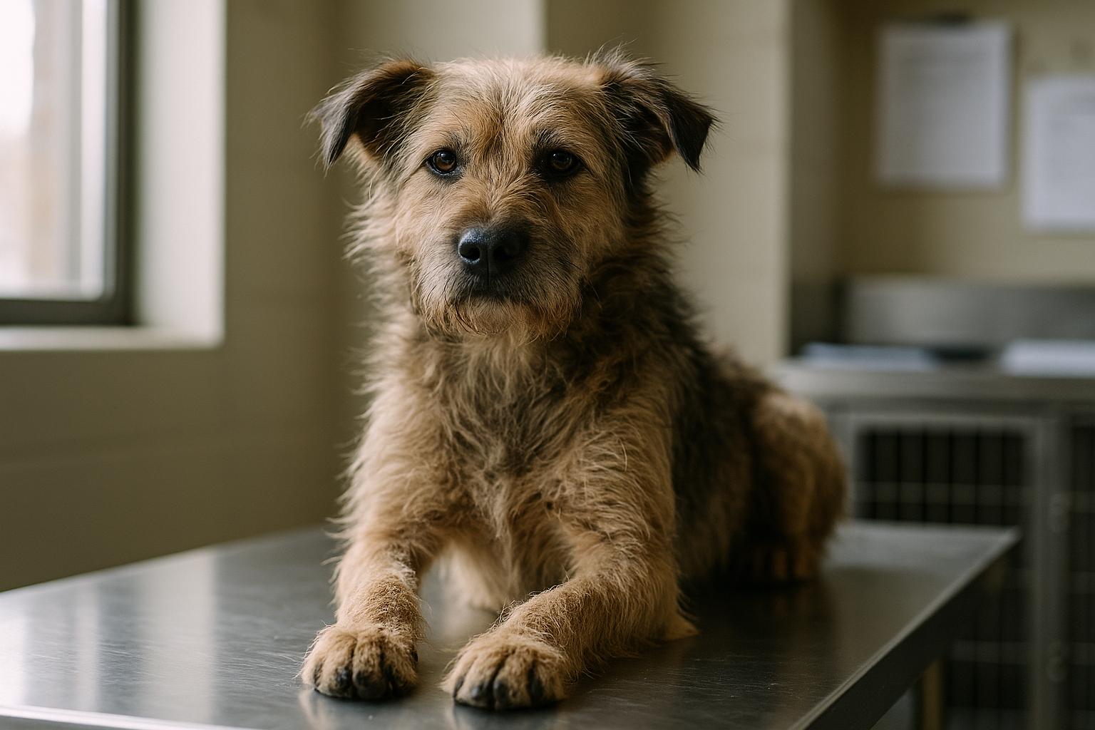 A mixed-breed rescue dog with slightly unkempt fur sitting calmly on a shelter clinic table in natural light