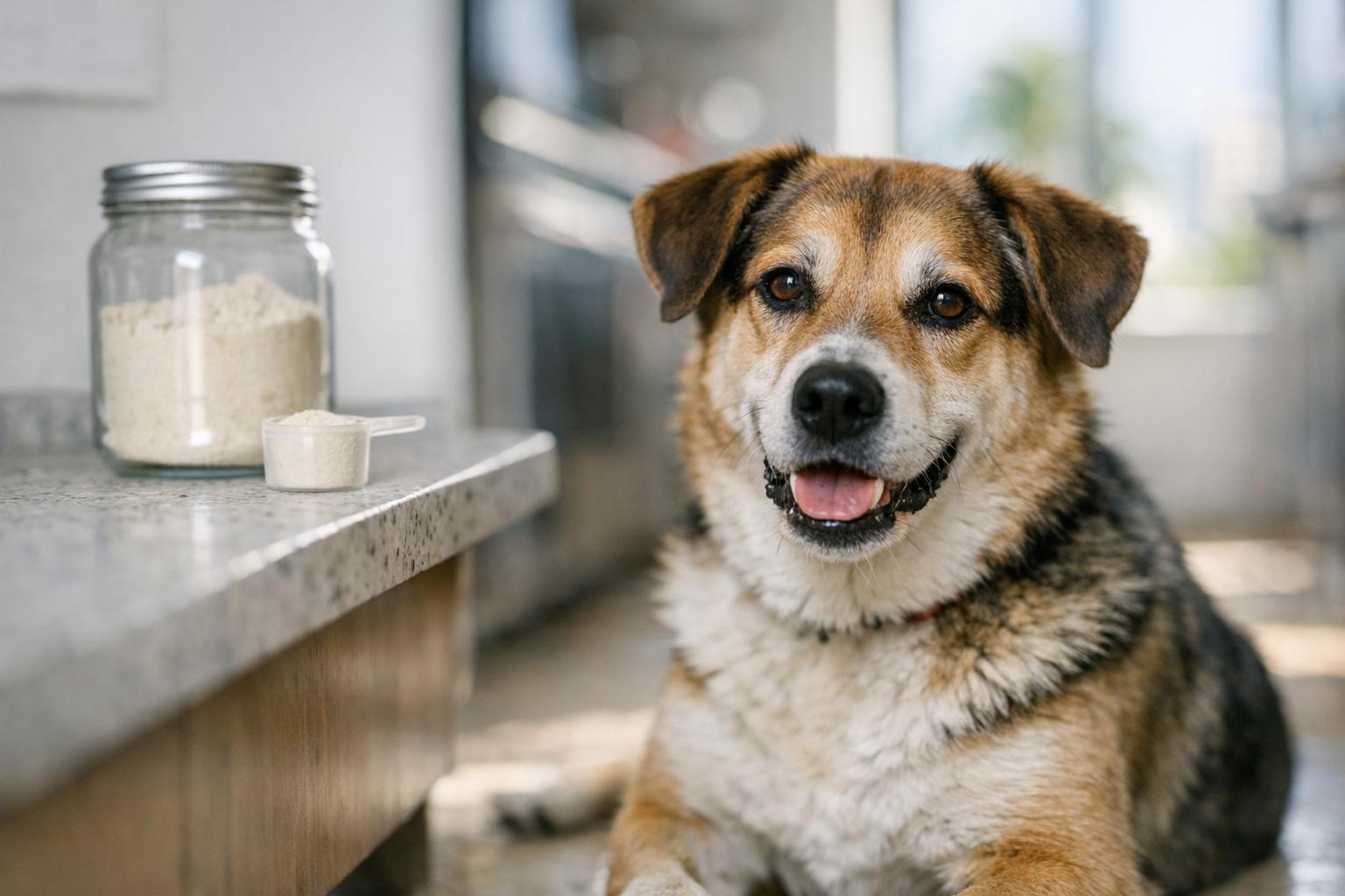 Adult mixed-breed dog in a sunlit Miami kitchen next to a jar of powdered dog supplement