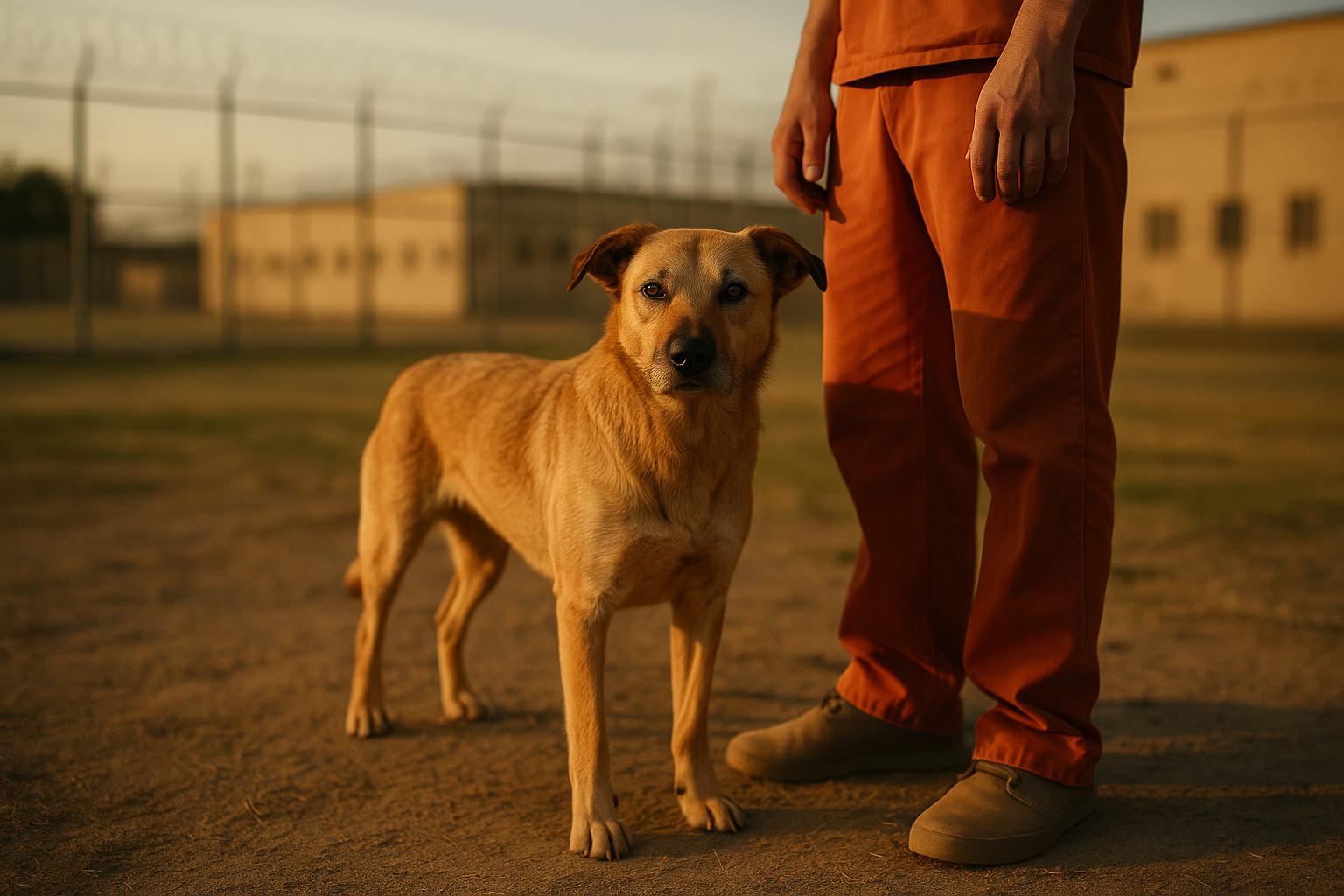 A medium-sized mixed-breed rescue dog with an incarcerated handler in a prison yard during golden hour