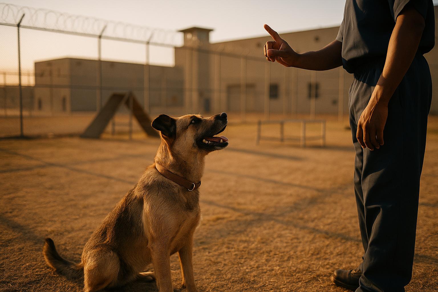 A shelter dog in a prison yard in Blythe being guided through a basic command during a training session
