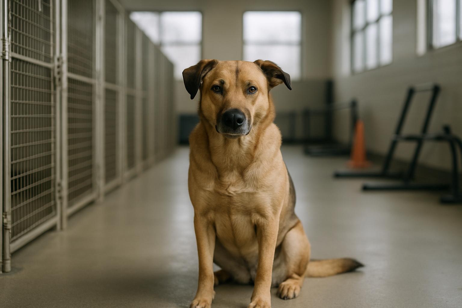 A domestic dog sitting calmly inside a training facility kennel, soft natural light, realistic fur texture.