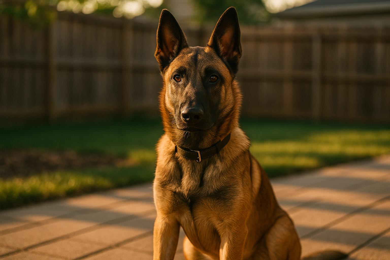 Belgian Malinois sitting on a suburban patio in warm late-afternoon light