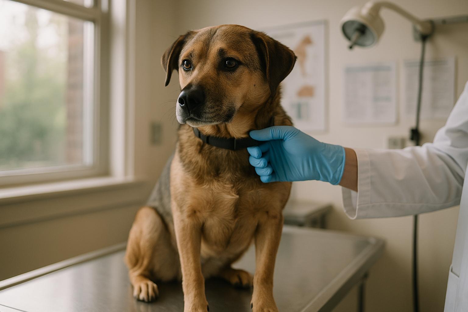 Mixed-breed dog on an exam table at a veterinary clinic in Ithaca, NY, with a veterinarian's hand in frame