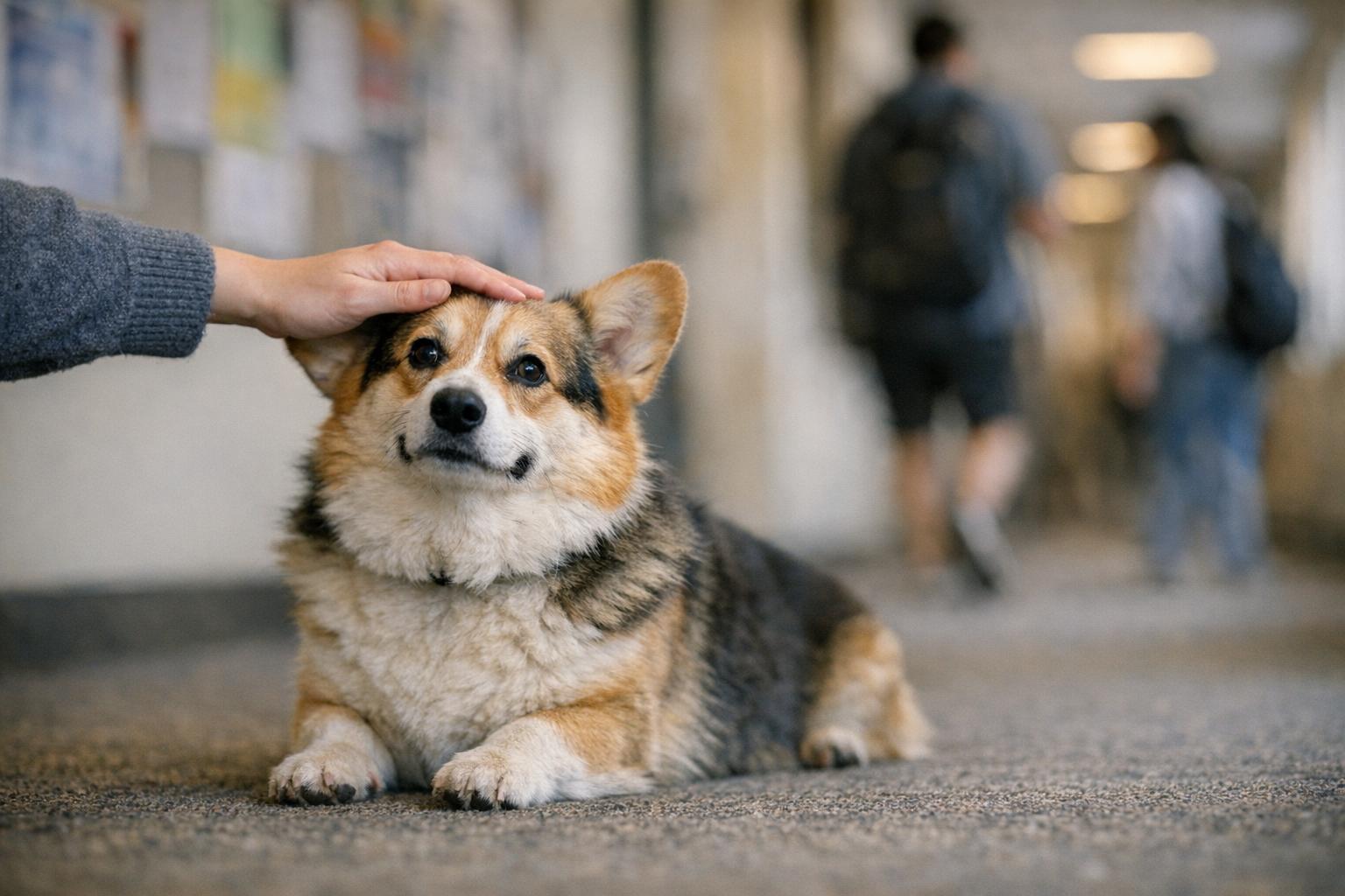 Calliope the four-year-old corgi sitting on the carpeted second-floor hallway of Ernie Pyle Hall while a student reaches to pet her.