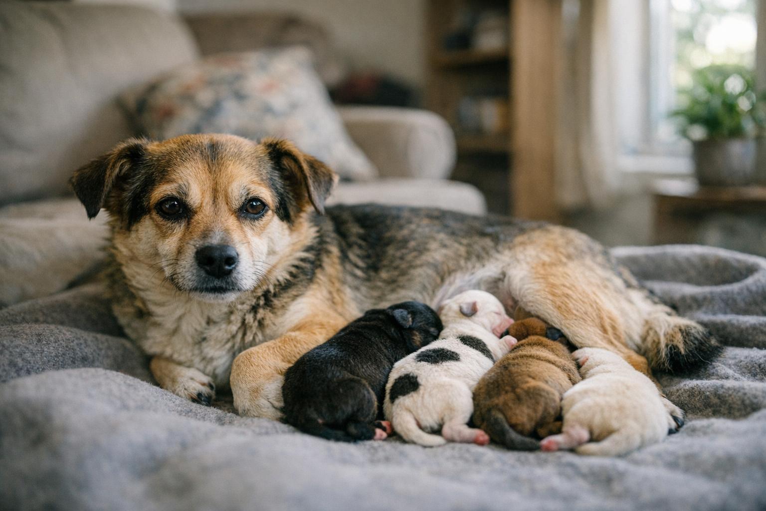 A mother street dog resting indoors with her newborn puppies under natural window light