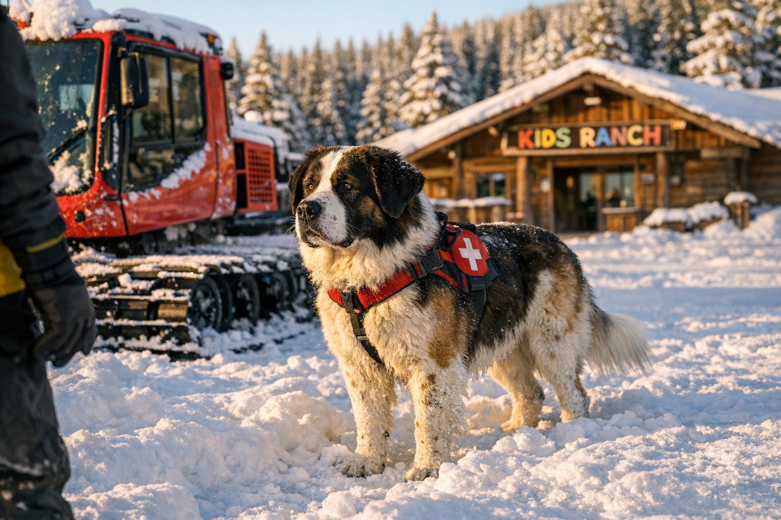 Avalanche search dog standing in snow beside a snowcat at Jackson Hole Mountain Resort's Kids Ranch during golden hour.