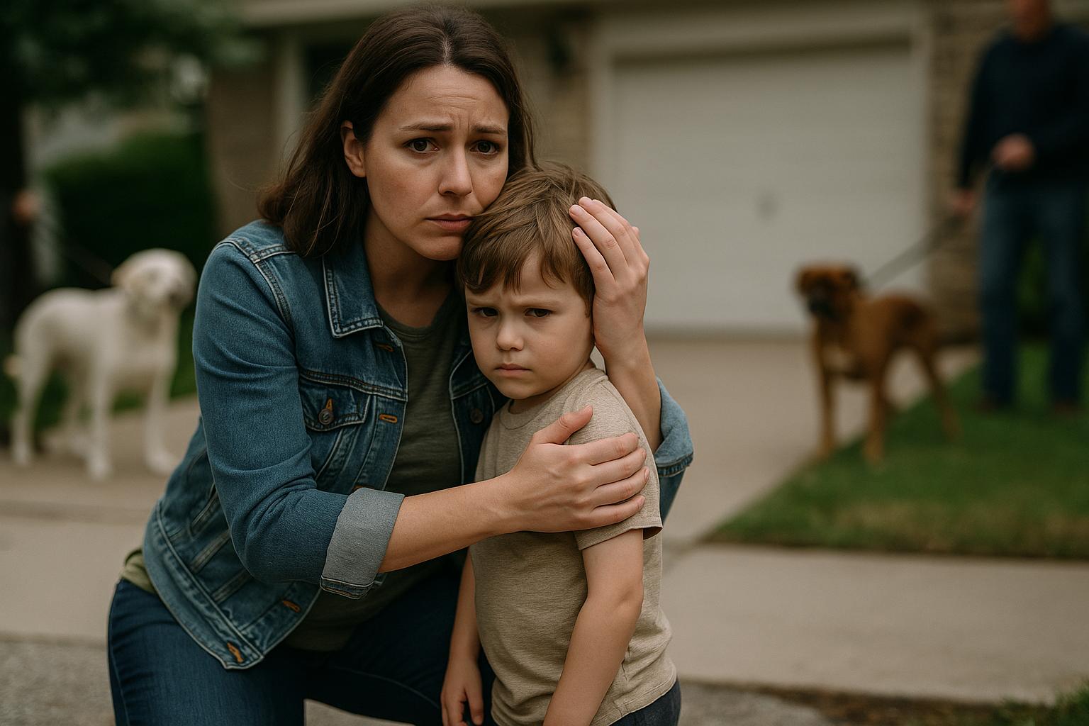 Mother shielding her young son on a suburban driveway while neighbors restrain a white and a brown dog in the background