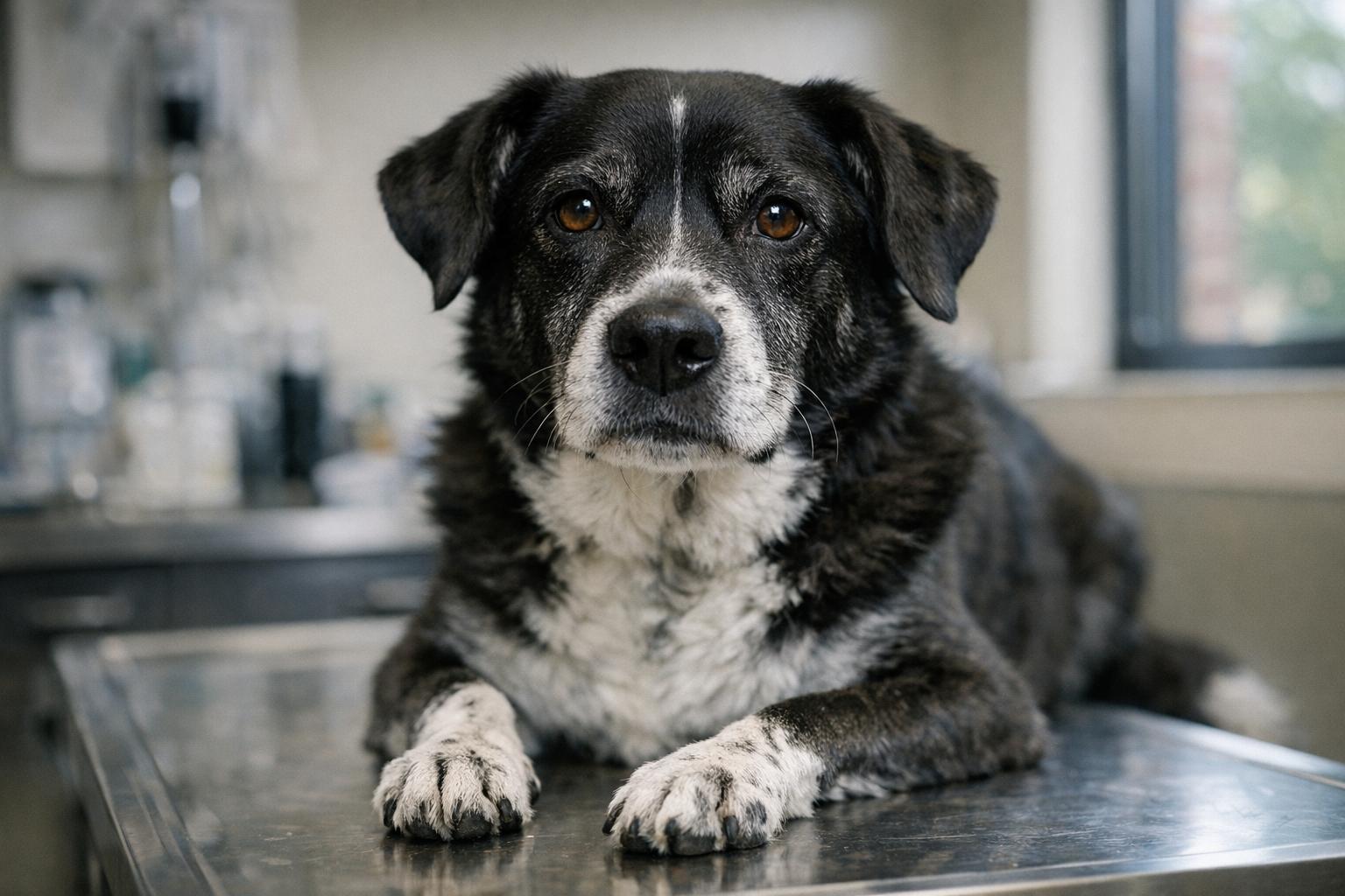 Honey, a 7-year-old black-and-white mixed-breed dog, sitting calmly on a veterinary exam table in natural light.