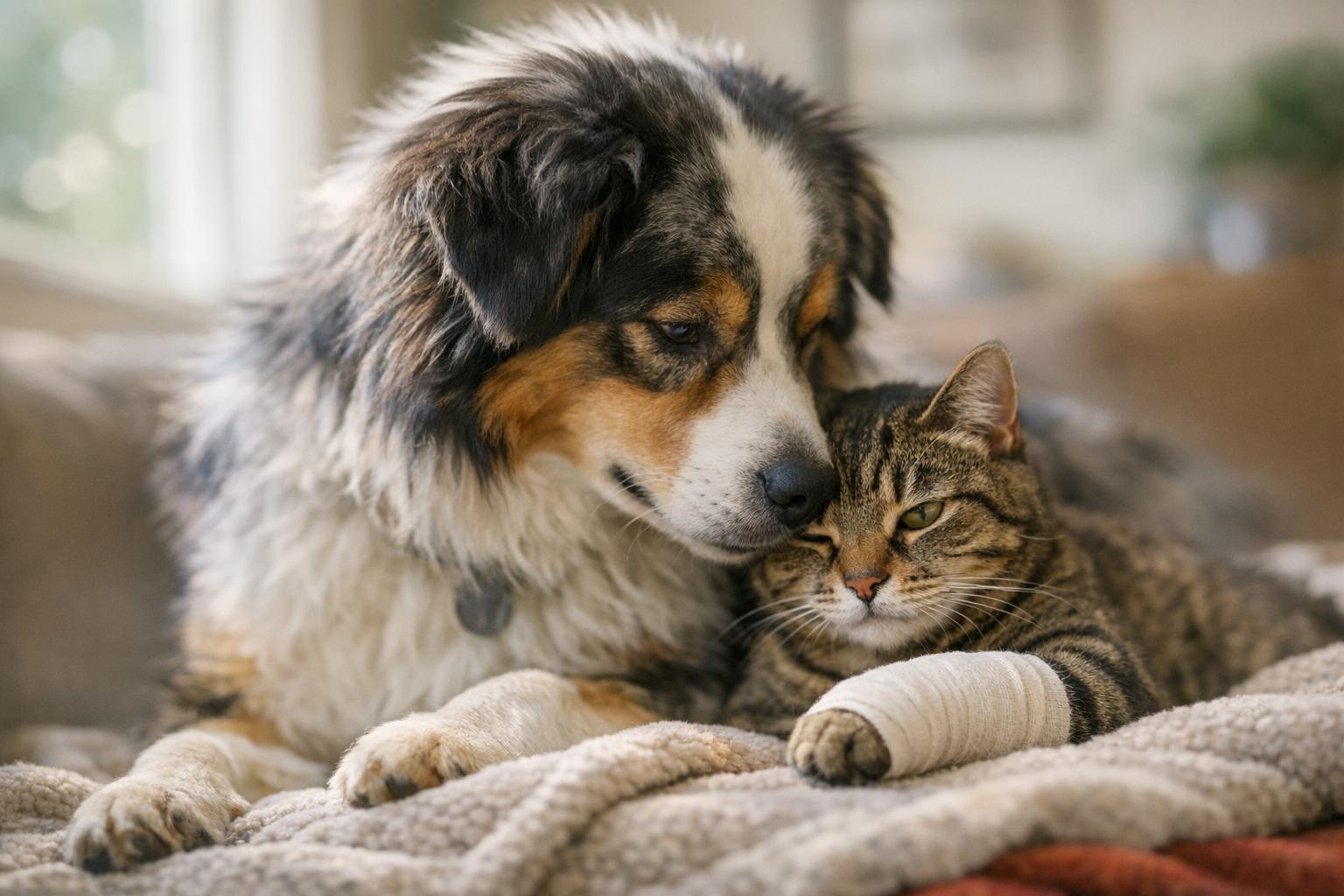 Australian Shepherd nuzzling a tabby cat with a bandaged front paw on a blanket in a living room