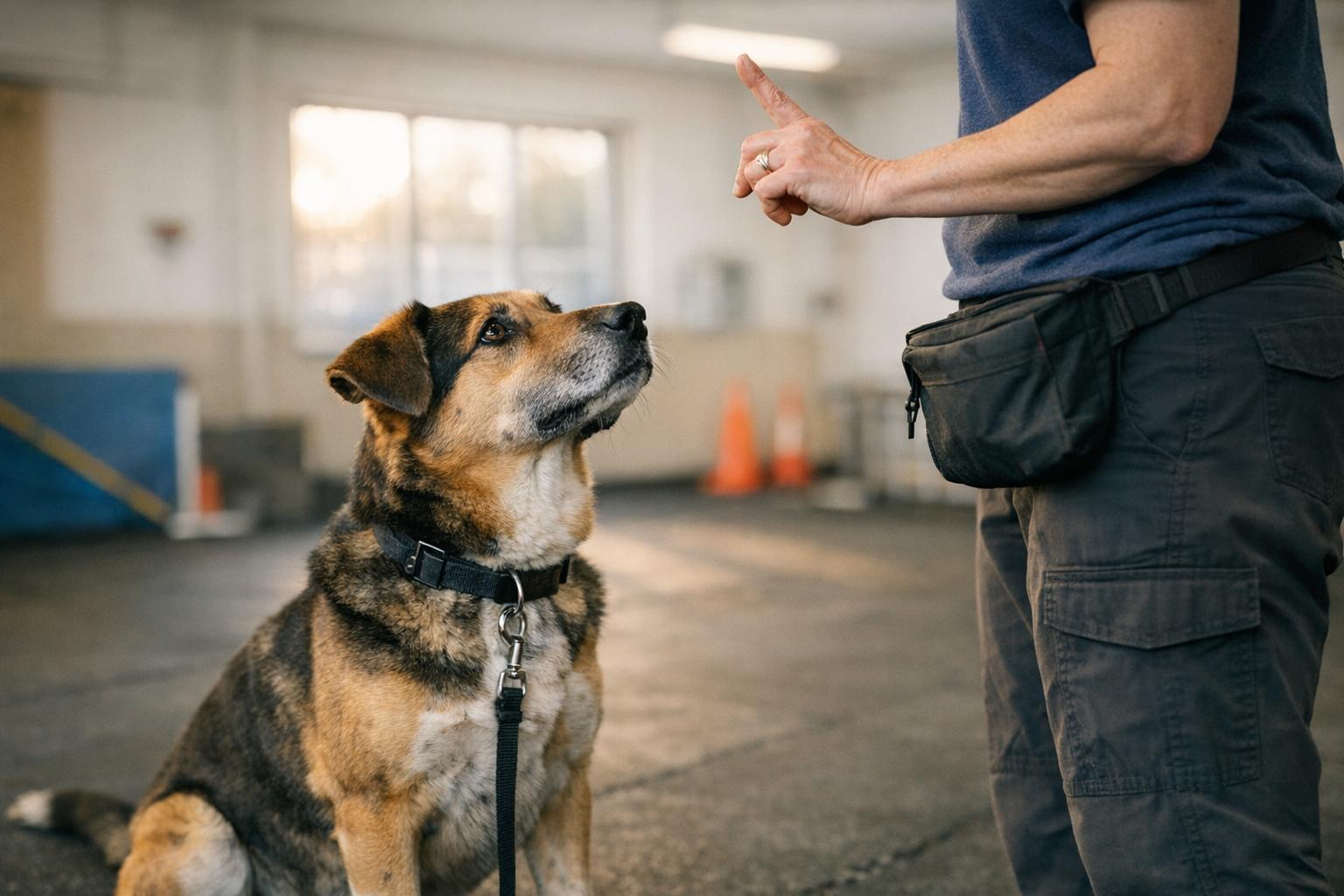 Trainer and adult mixed-breed dog in a suburban dog training facility during a lesson, soft window light