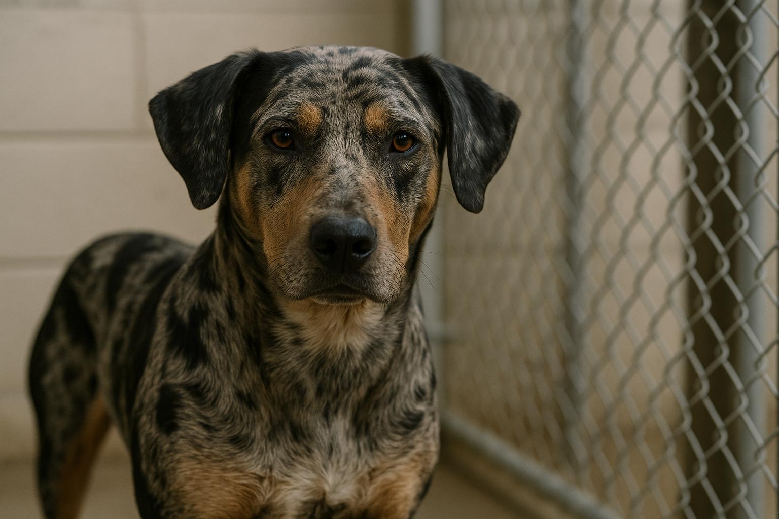 Blue Merle Catahoula hound in a shelter kennel, alert and calm, with natural fur texture
