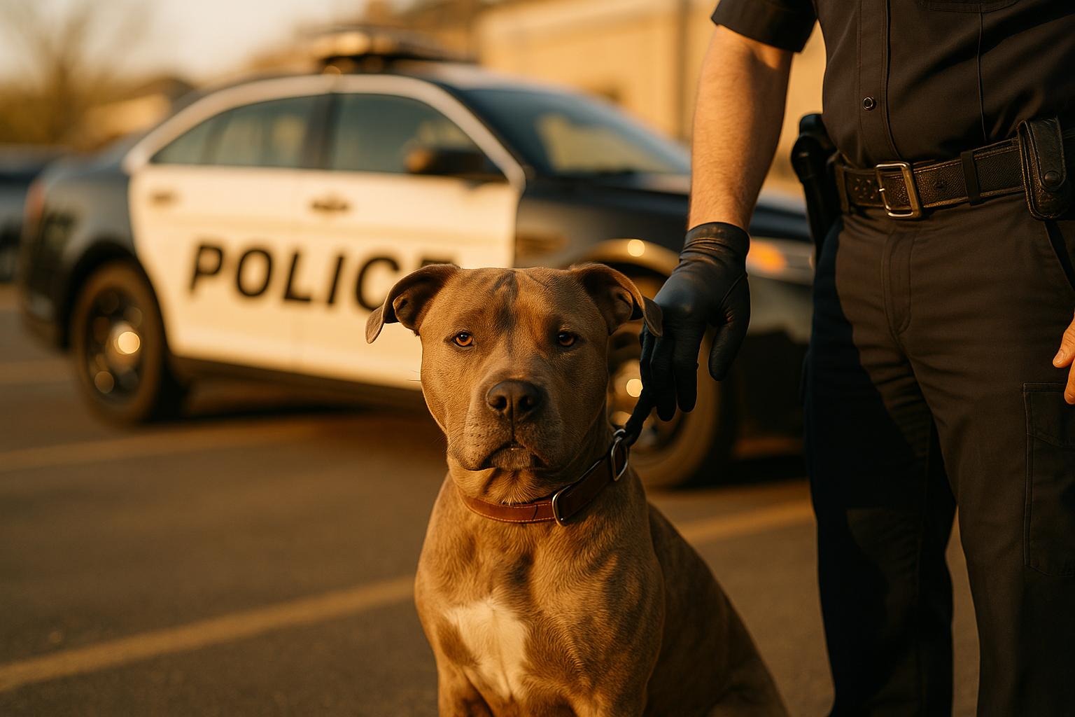 Jax, a two-year-old pit bull mix, sitting beside a police cruiser during training in late afternoon light
