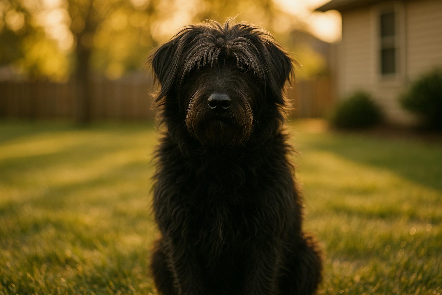 Jax, a shaggy five-year-old dog with dark, raven fur, sitting calmly on grass