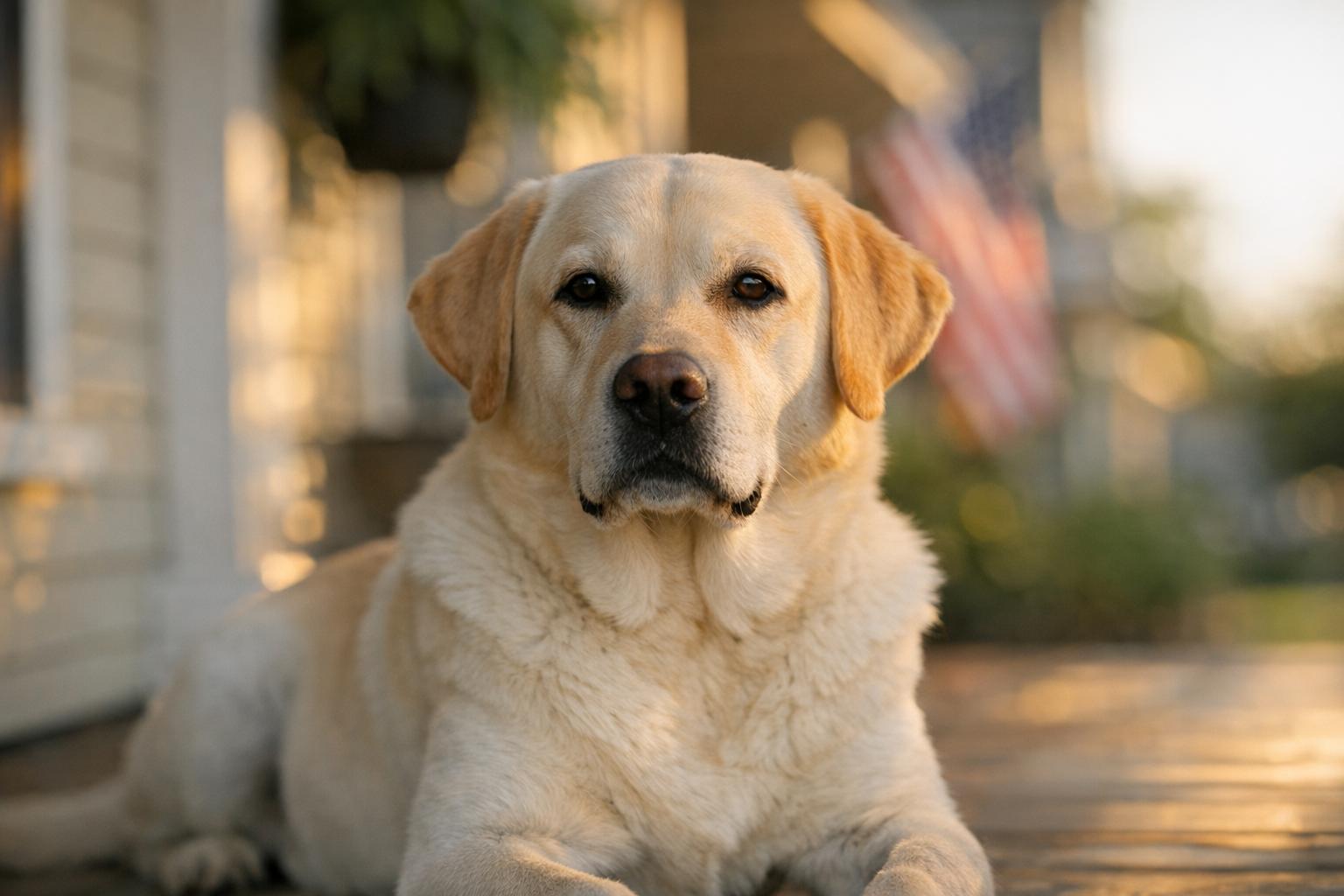 A Labrador retriever sitting calmly on a shaded porch, photographed in golden-hour light.
