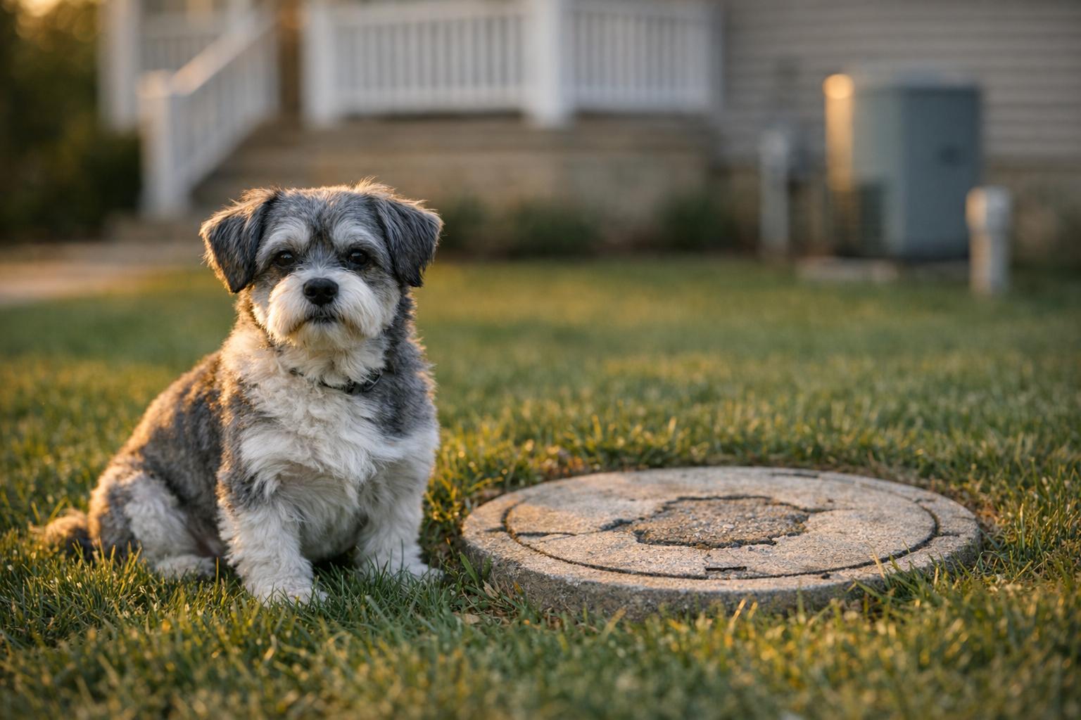 Small gray and white dog sitting on a front lawn beside a concrete access cover in golden hour light.