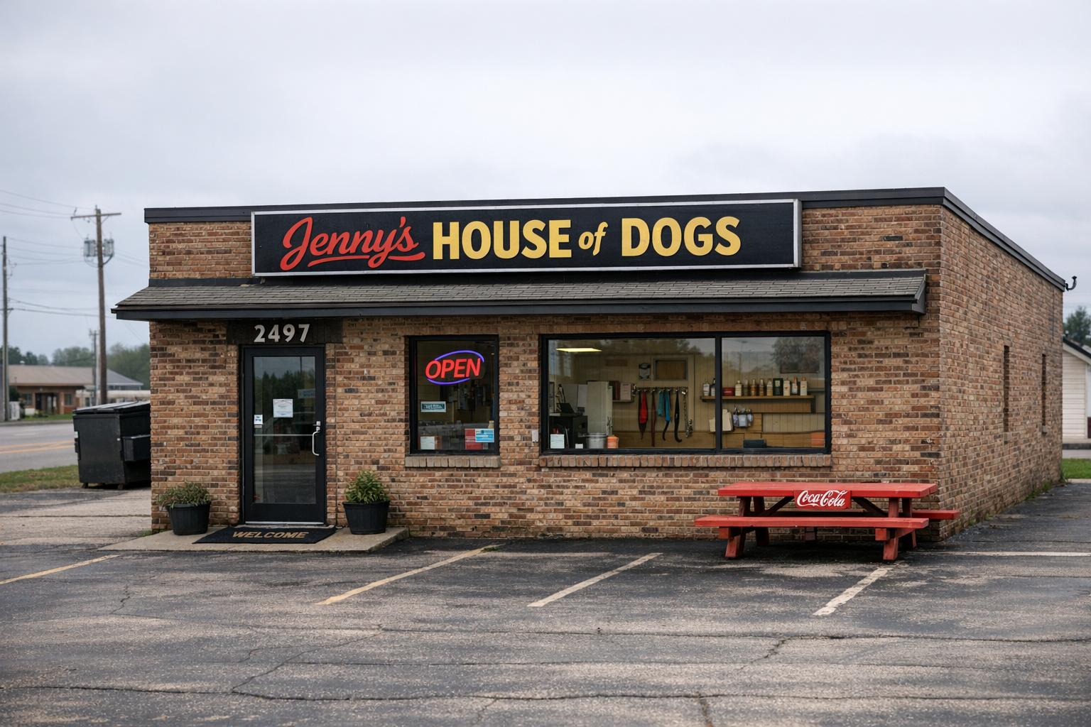 Exterior of Jenny's House of Dogs, a repurposed commercial building at 2497 US Highway 45 in Antigo, Wisconsin, photographed in soft overcast light.