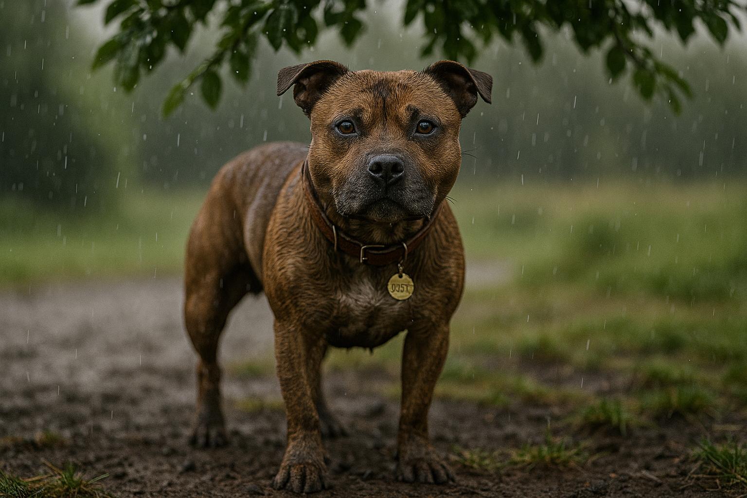 Staffordshire bull terrier standing under a tree in light rain with muddy paws, looking reluctant.